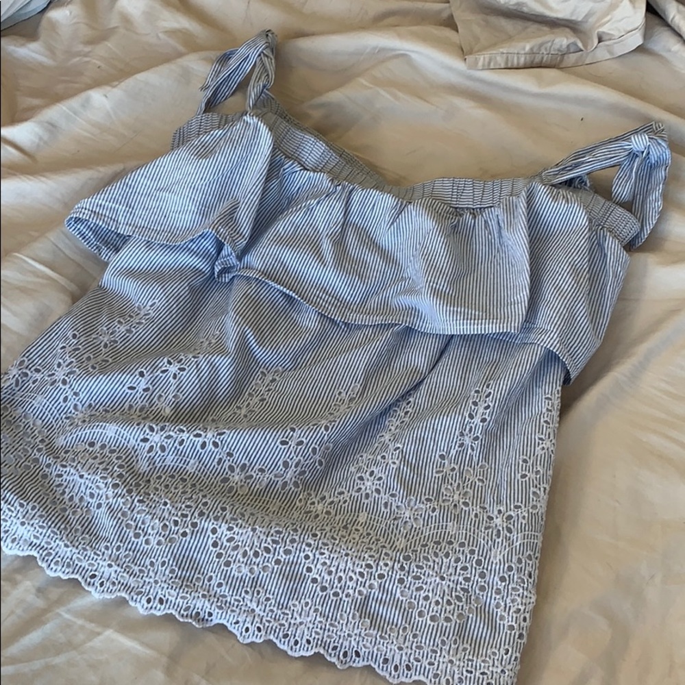 Blue Seersucker off the shoulder top